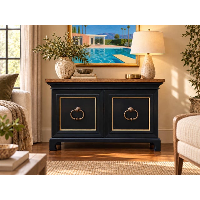 Classic 2 door black and gold solid wood cabinet with Ming style legs and beautiful parquet wood top.