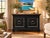 Classic 2 door black and gold solid wood cabinet with Ming style legs and beautiful parquet wood top.