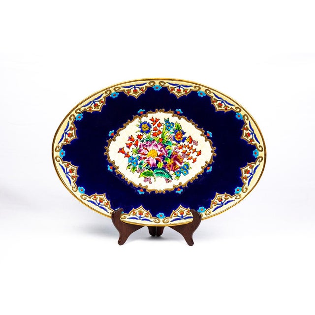Large Renaissance Oblong Enamel Floral Platter by Maurice-Paul Chevallier for Longwy Manufactory, France, 1960s For Sale - Image 4 of 11