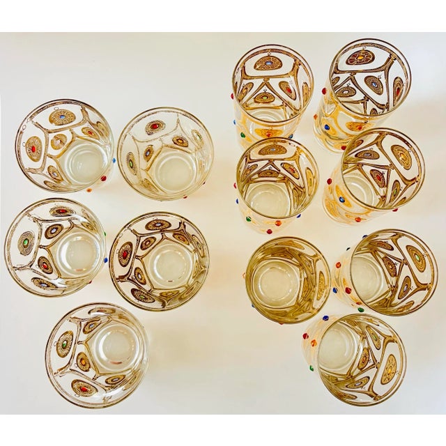 Vintage Rare Mid-Century Culver Ltd. “Jeweled Ornaments” 22k Gold Glassware Set – 12 Pieces (7 Highball, 5 Whiskey) For Sale - Image 10 of 12