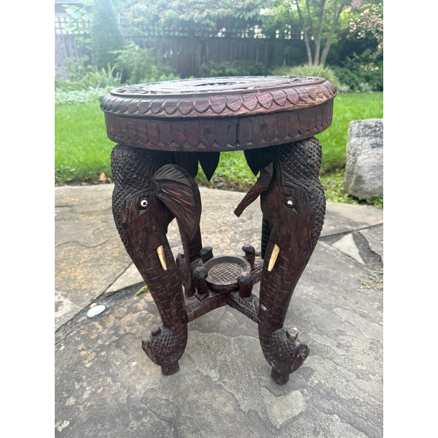 Antique Anglo-Indian Hand-Carved Elephant Side Table With Bone Inlay For Sale - Image 16 of 18
