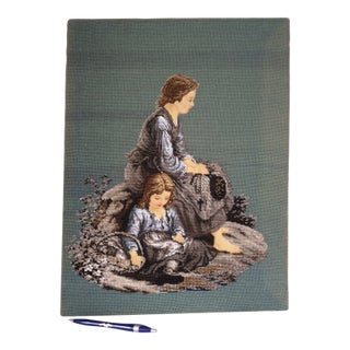 Antique C1870s French Victorian Beaded Tapestry, Mother, Child For Sale