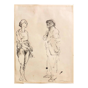 Jonathan Shahn, Ink Drawing Man in Suit and Hat with Nude