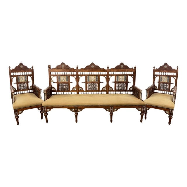 Antique Circa 1900 Syrian Inlaid Arabesque Sofa and Chair Set For Sale