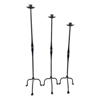 Hand Forged Iron Candelabra Set of 3 (100-120cm) Antique Copper Finish Classic Spindle Node Floor Set For Sale