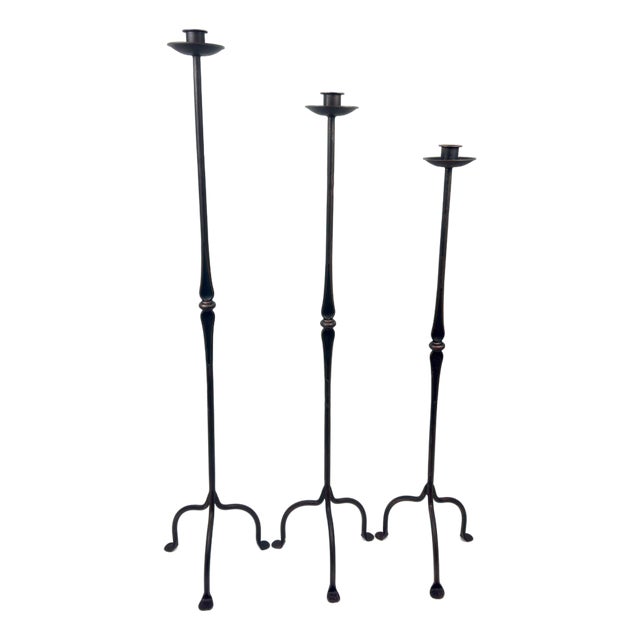 Hand Forged Iron Candelabra Set of 3 (100-120cm) Antique Copper Finish Classic Spindle Node Floor Set For Sale