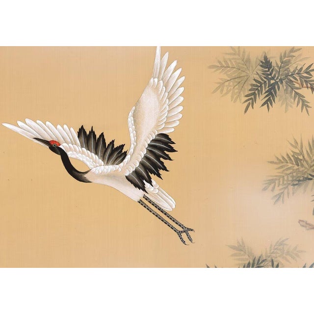 36" * H100"/Panel * 5ps, Mustard-Yellow Pine and Crane Wallpaper, Chinese-Style Pine and Crane Wallpaper Mural, 5 Panels For Sale - Image 4 of 6