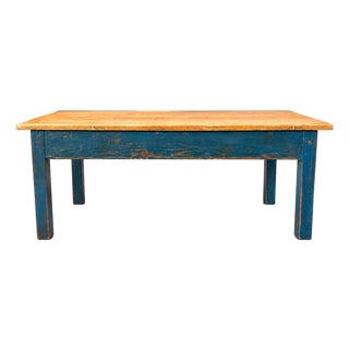 English Pine Coffee Table With Blue Painted Base For Sale