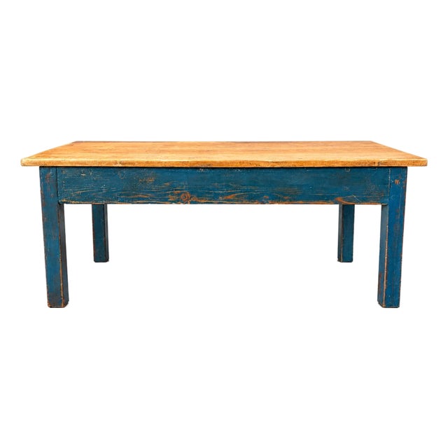 English Pine Coffee Table With Blue Painted Base For Sale