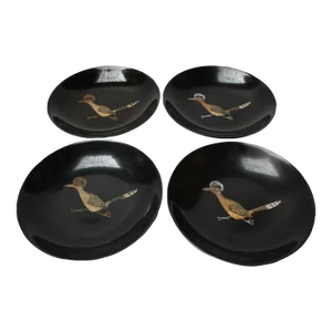 Set of Four Mid-Century Black Resin Inlaid "Roadrunners" Trays by Couroc