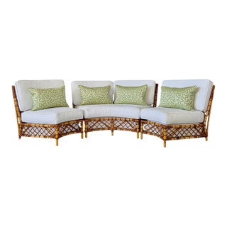 Mid-Century Rattan Three-Piece Curved Sectional Sofa With New Sunbrella For Sale