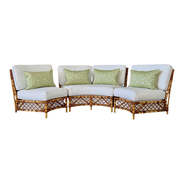 Mid-Century Rattan Three-Piece Curved Sectional Sofa With New Sunbrella For Sale