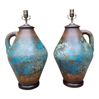 Monumental Volcanic Glaze Ceramic Amphora Table Lamps – A Pair For Sale
