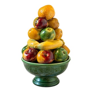 Vintage Italian Glazed Ceramic Fruit Centerpiece With Pedestal Bowl, Mid-Century For Sale