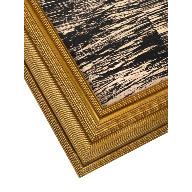 A minimalist abstract black print on maple wood, framed in an ornate antique gilt frame. Can be hung vertically or...