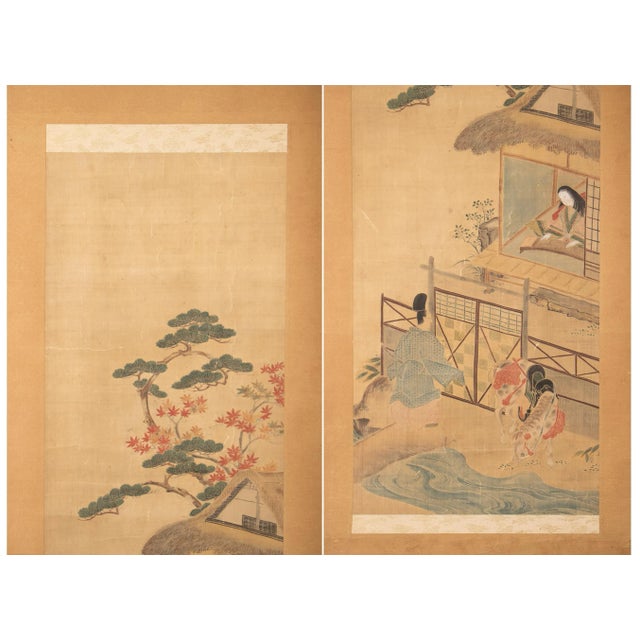 Meiji Era Japanese Painted Silk Scroll Inspired by "The Tale of Genji" Story For Sale - Image 4 of 12
