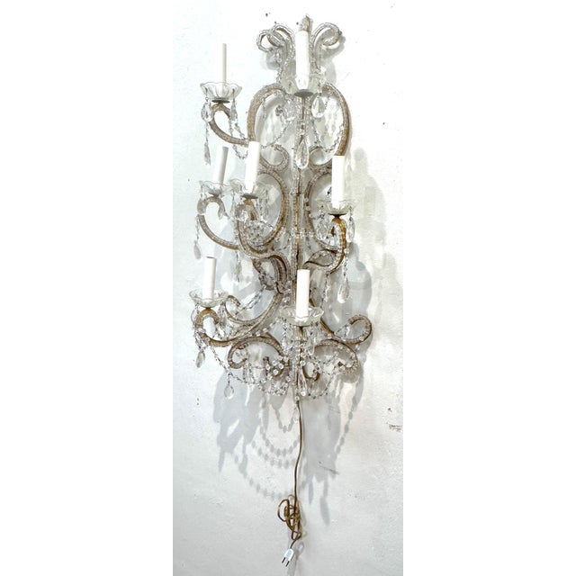 Large Pair of Maria Theresa Style Crystal 7-Light Wall Sconces, Italy Circa 1950 For Sale In Greensboro - Image 6 of 18