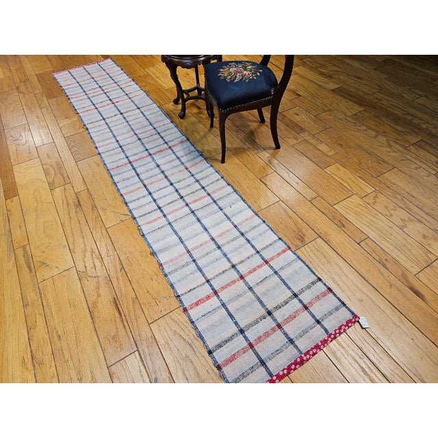 Vintage American Rag Runner, Handwoven Wool & Cotton, Indigo Stripe Pattern, 2x11 For Sale - Image 9 of 12