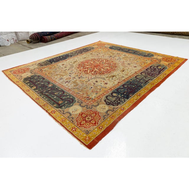 19th Century Antique Indian Agra Hunting Rug With Persian Calligraphy Border For Sale - Image 11 of 11