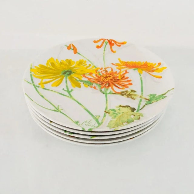 Farmhouse Vintage Watercolor Chrysanthemum Plates - Set of 5 For Sale - Image 3 of 6