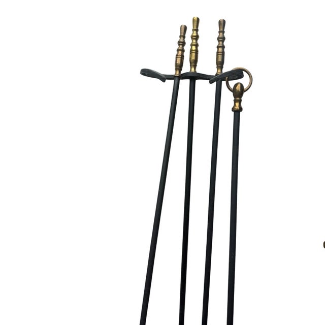 Vintage Federal Style Fireplace Andirons & 4 Pc Tool Set Cast Iron Brass For Sale - Image 12 of 14
