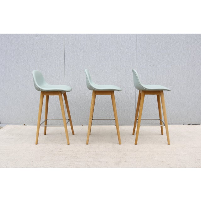 Danish Iskos-Berlin for Muuto Leather Fiber Counter Stools Wood Base - Set of 3 For Sale - Image 9 of 18