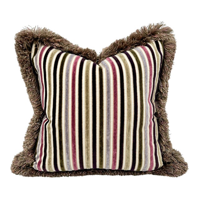 Cut Velvet Multicolor Stripe Lavender Silk Fringe Pillow For Sale