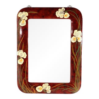 Large Vintage Chinese Art Nouveau Mirror With Hand Painted Garden Irises C1920 For Sale