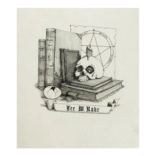 1975 Mel Wiken Skull Bookplate Pen and Ink Drawing For Sale