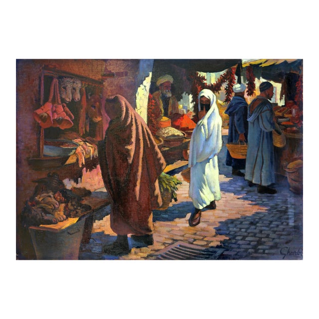 Food Sellers in the Market, Jalal Gharbi Oil on Canvas Painting For Sale