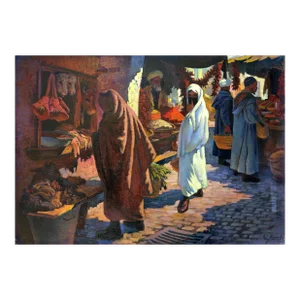 Food Sellers in the Market, Jalal Gharbi Oil on Canvas Painting