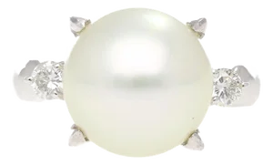 12.5mm South Sea Pearl and Diamond Platinum Three Stone Ring