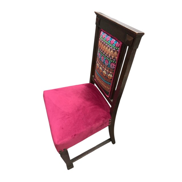 Early 20th Century Edwardian English Oak Dining Chairs With Vivid Mexican Embroidery Upholstery - Set of 6 For Sale - Image 4 of 7