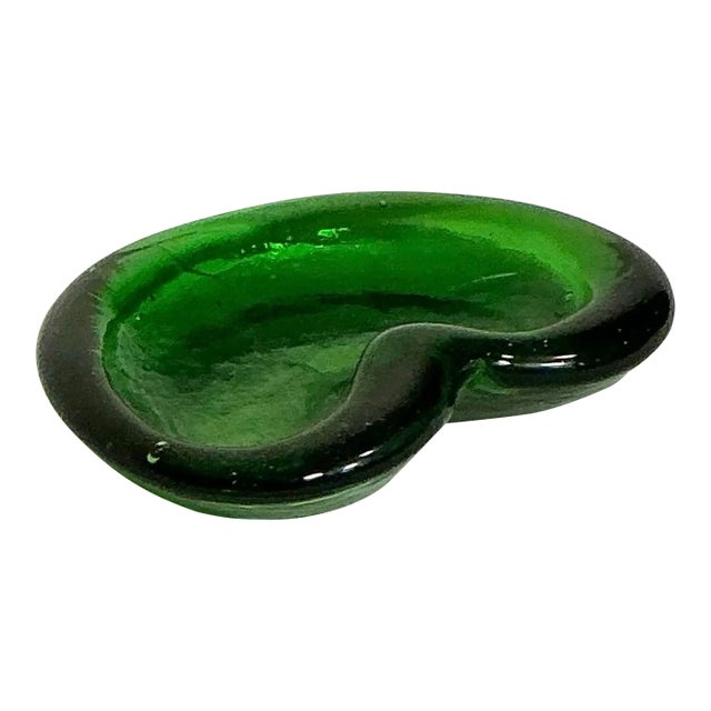 Vintage Blenko Green Art Glass Kidney Shaped Bowl, Circa 60s For Sale