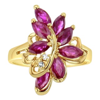 Marquise Ruby Leaf Floral Cluster Ring 14k Yellow Gold, Size 9 For Sale