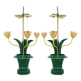 Vintage Brunschwig & Fils Green Tole Flower Table Lamps, Yellow and Pink Tulip Design - a Pair For Sale