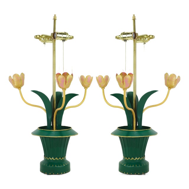 Vintage Brunschwig & Fils Green Tole Flower Table Lamps, Yellow and Pink Tulip Design - a Pair For Sale