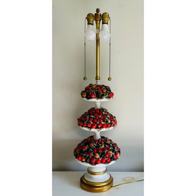 Vintage, Italian porcelain, intricate design, theee tier fruit platter large lamp. In good working condition.