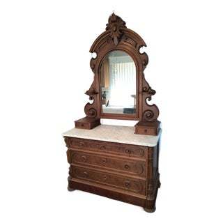Mid 19th Century Antique Victorian Mahogany Marble-Top Dresser With Mirror For Sale