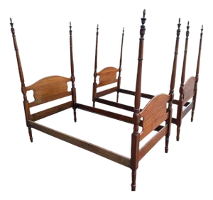 Pair of 19th Century Antique Solid Cherry Wood Four Poster Twin Beds - English Traditional Style
