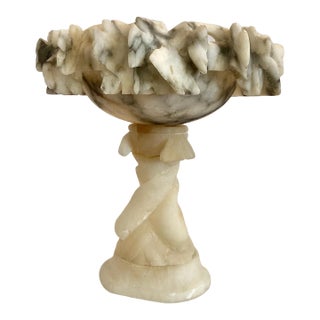 Antique Miniature Italian Alabaster Pedestal Bowl With Grapes and Dolphins For Sale