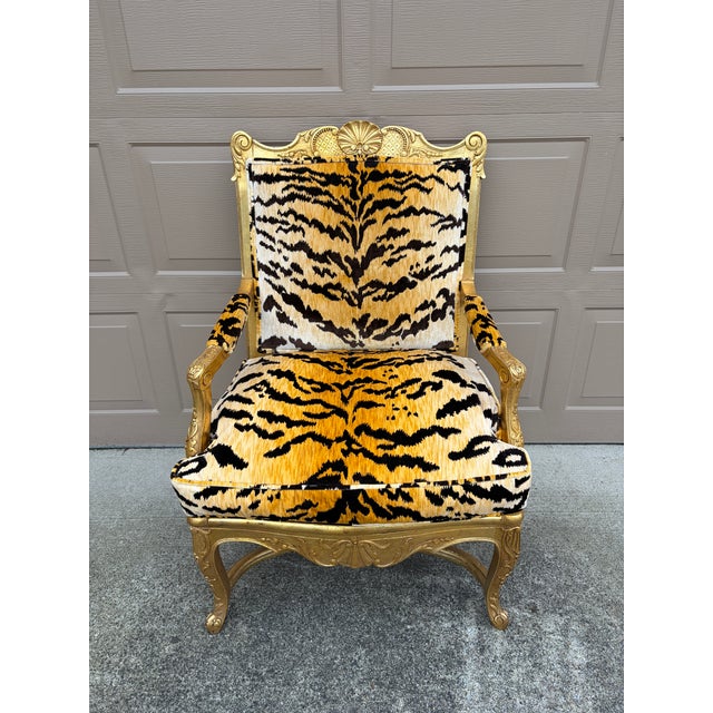 French Provincial Early 20th Century French Regency Giltwood Fauteuil in Scalamandré “Le Tigre” Silk Velvet For Sale - Image 3 of 14