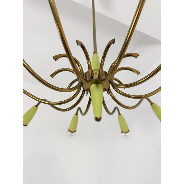 Gold Brass 10-Light Chandelier with Green Cones in the style of Stilnovo, 1950s For Sale - Image 8 of 11
