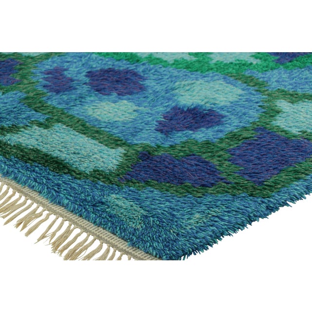 Textile Vintage Swedish Rya Rug in Blue and Green With Geometric Pattern | Rug & Kilim For Sale - Image 7 of 8