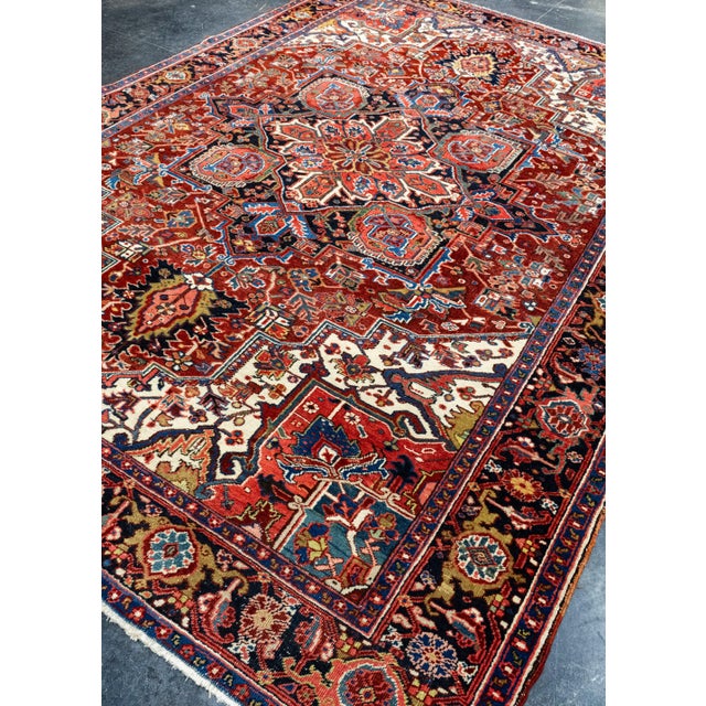 Turkish Red & Navy Blue Oriental Handwoven Vintage Rug 7'10" x 10'11" For Sale - Image 3 of 9