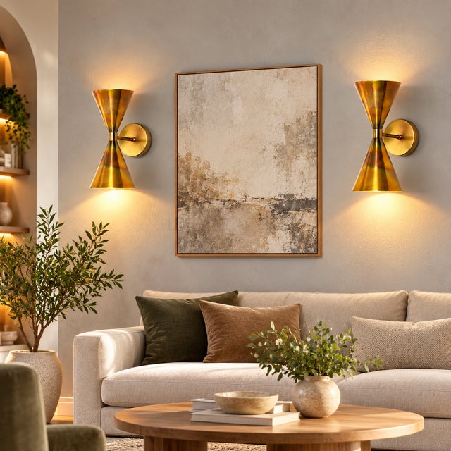 Modern Handcrafted Brass Double-Cone Wall Sconces Sculptural Bedroom & Living Room Lighting - Set of 2 For Sale - Image 3 of 7