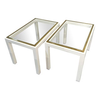 Mid-Century Modern Cream Metal & Brass Side Tables with Glass Top, 1970s, Set of 2 For Sale