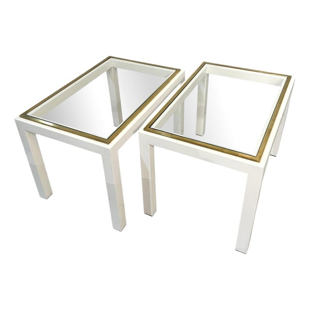 Mid-Century Modern Cream Metal & Brass Side Tables with Glass Top, 1970s, Set of 2 For Sale