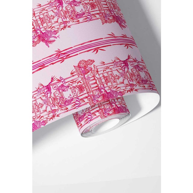 Chinoiserie Shenanigans Toile Grasscloth Wallpaper by House Party | Cherry Blossom Pink | 6 Yards For Sale - Image 9 of 9