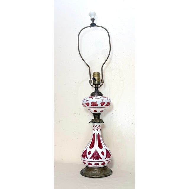Antique 1800's Cut to Clear Cranberry Glass Stourbridge Bronze Oil Table Lamp For Sale In New York - Image 6 of 14